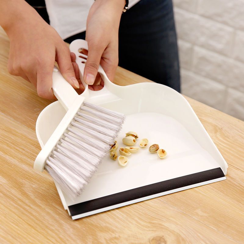 Beige Mini Dustpan and Brush Set Handheld Sweeping Broom with Rubber Lip for Desktop Kitchen Car and Camping Cleaning