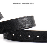 Black Women's Western Style Embossed Belt 2 Pack Vintage PU Leather Waistband with Antique Silver Buckle for Jeans and Dresses Y2K Fashion - Front View