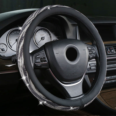 White-black Bling Crystal Steering Wheel Cover 38cm Universal Fit Rhinestone Car Accessories for Women - Non-Slip Diamond Protector for Standard 15 Inch Wheels