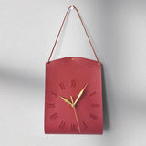 Red Nordic Style PU Leather Hanging Wall Clock Vintage Industrial Design with Roman Numerals Creative Art Timepiece for Cafe Living Room and Office