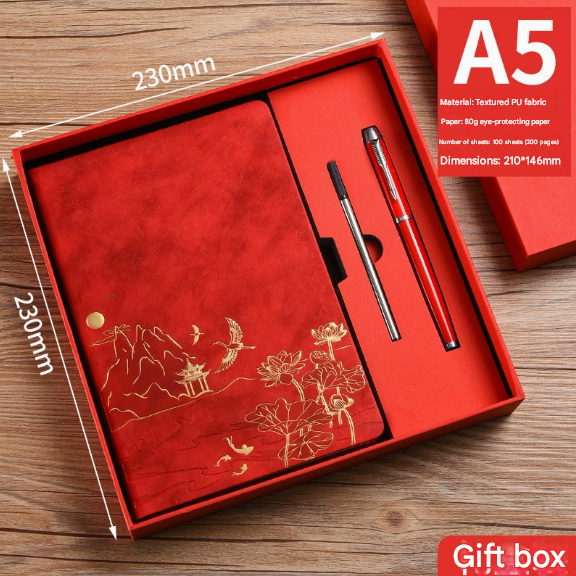 Brown A5 Premium Notebook Gift Set with Pen - PU Leather Journal with Gold Oriental Art - 200 Pages Business Diary & Corporate Gift Box (Lotus & Crane Design)