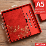 Brown A5 Premium Notebook Gift Set with Pen - Red PU Leather Journal with Gold Oriental Art - 200 Pages Business Diary & Corporate Gift Box (Lotus & Crane Design) - Side View