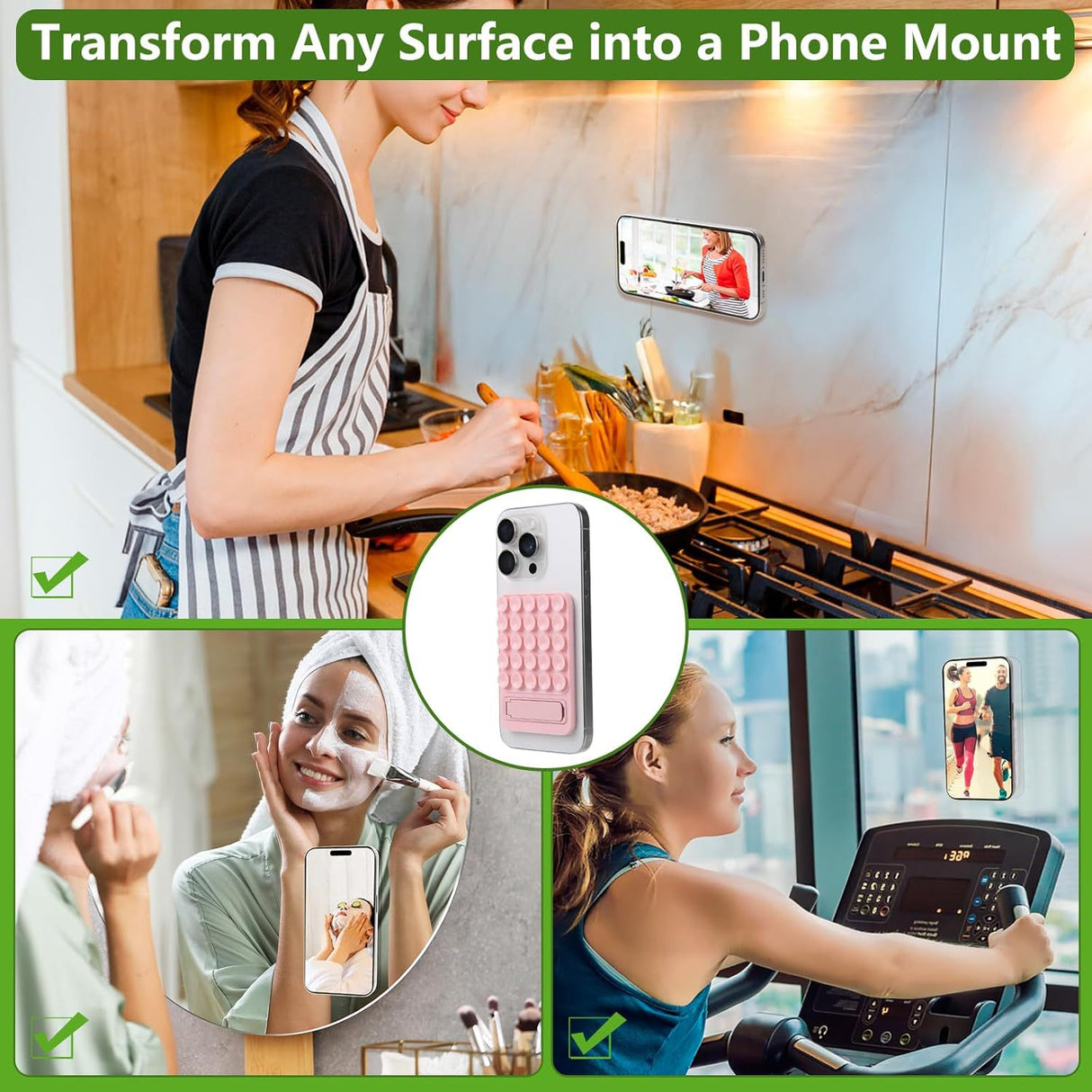 Purple 4 Pack Silicone Suction Phone Mount with Foldable Kickstand - Adhesive Sticky Grip Pad for Mirrors & Glass - 2-in-1 Hands-Free Holder for Content Creation