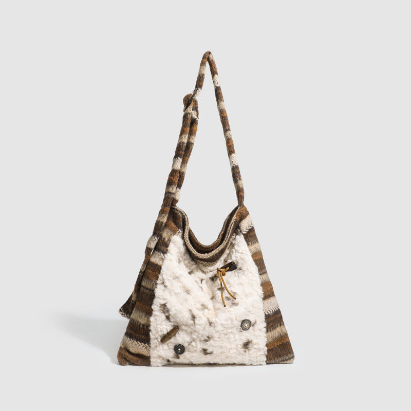 Women's Fur Splicing Large Tote Bag Wool Knit Shoulder Crossbody Bag for Casual Commute 40x36cm