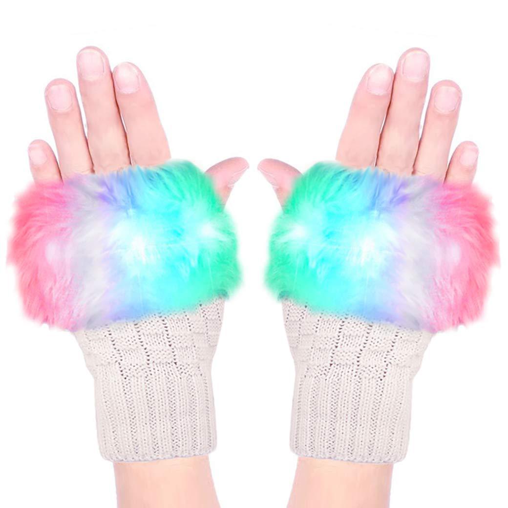 LED Light Up Knit Gloves with Faux Fur Trim - 6 Multicolor Light Modes for Halloween Christmas Parties and Festivals - One Size