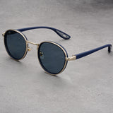 Silver Frame With Blue Rim Retro Round Sunglasses Vintage Metal & PC Frame Casual Classic Style for Men and Women - Lightweight 137mm Width
