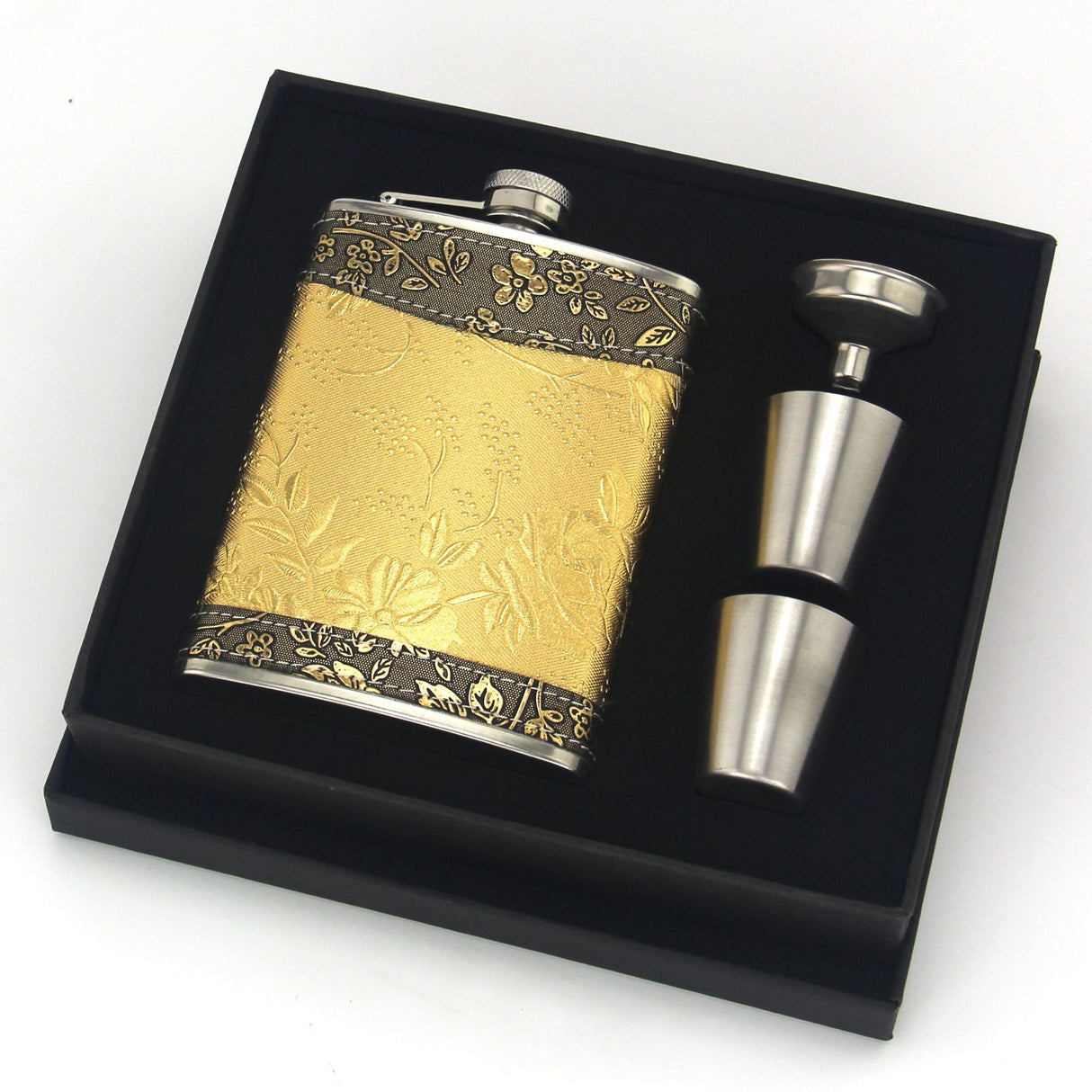 8oz Stainless Steel Hip Flask Gift Set with Elegant Floral Pattern and 2 Cups Plus Funnel for Outdoor Camping and Gifting