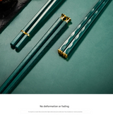 Two-piece Set Premium Alloy Chopsticks Set of 5 Pairs - 24.3cm Emerald Green and Gold Luxury Reusable Utensils for Modern Australian Dining