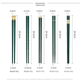 Two-piece Set Premium Alloy Chopsticks Set of 5 Pairs - 24.3cm Emerald Green and Gold Luxury Reusable Utensils for Modern Australian Dining