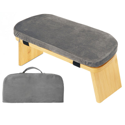 Grey Foldable Wooden Meditation Stool with Padded Cushion 45x21cm - Portable Yoga Kneeling Bench with Carry Bag for Mindfulness and Home Zen