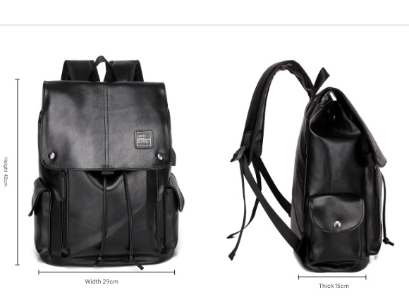 Black Men's Fashion PU Leather Backpack - Large Capacity 42cm Laptop Rucksack for University, Travel and Casual Business Use