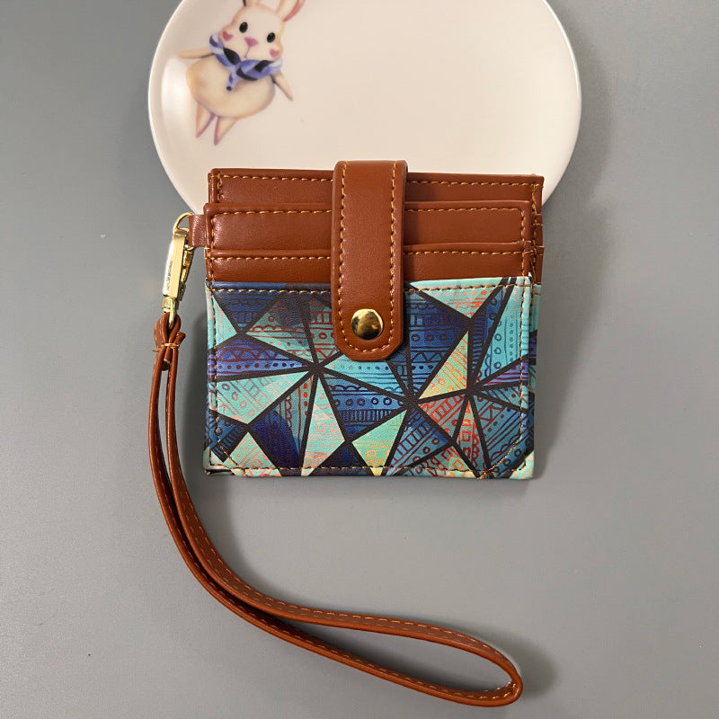 Blue Colorful Ethnic Mandala Pattern PU Leather Mini Card Holder with Wrist Strap and Buckle - Slim High-End Multi-Slot Card Sleeve for Daily Use