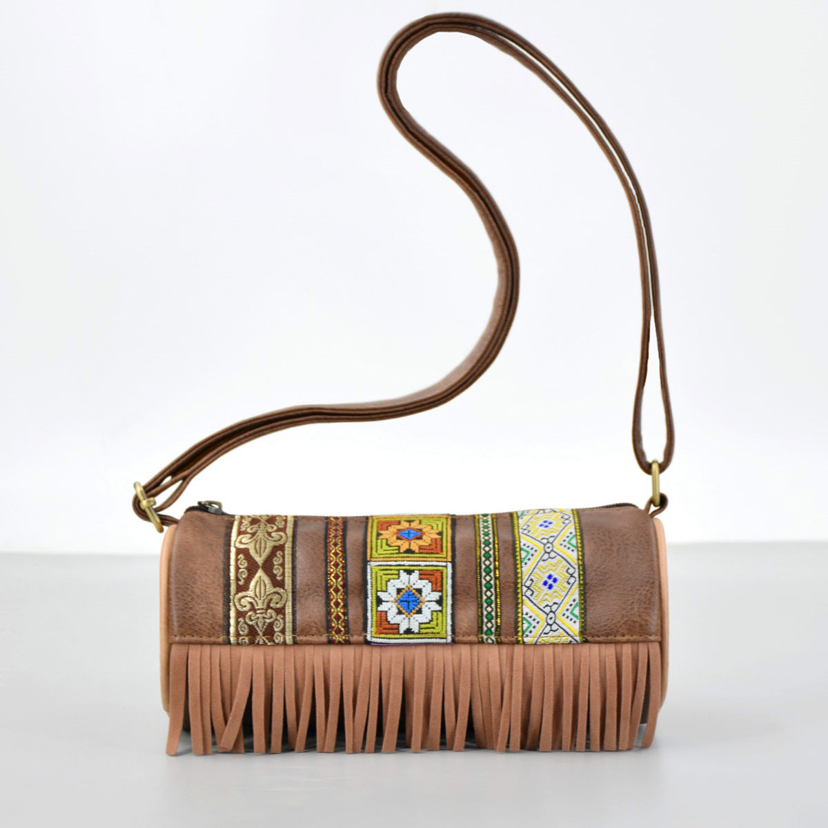 Boho Ethnic PU Leather Cylindrical Crossbody Bag with Embroidery and Fringe - 21cm Vintage Retro Drum Bag for Daily Use