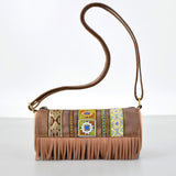 Boho Ethnic PU Leather Cylindrical Crossbody Bag with Embroidery and Fringe - 21cm Vintage Retro Drum Bag for Daily Use