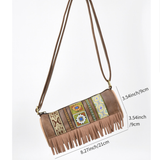 Boho Ethnic PU Leather Cylindrical Crossbody Bag with Embroidery and Fringe - 21cm Vintage Retro Drum Bag for Daily Use - Front View