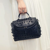 Women's Black Studded Handbag Soft PU Leather Crossbody Shoulder Bag with Rivets Trendy Box Purse 22cm for Travel Party - Side View