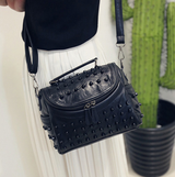 Women's Black Studded Handbag Soft PU Leather Crossbody Shoulder Bag with Rivets Trendy Box Purse 22cm for Travel Party - Rear View