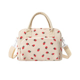 Beige Women's Large Corduroy Lunch Bag Insulated Thermal Tote Strawberry Print with Shoulder Strap for Work School & Picnics