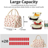 Beige Women's Large Corduroy Lunch Bag Insulated Thermal Tote Strawberry Print with Shoulder Strap for Work School & Picnics - Front View