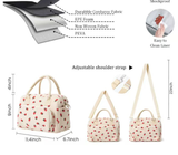 Beige Women's Large Corduroy Lunch Bag Insulated Thermal Tote Strawberry Print with Shoulder Strap for Work School & Picnics