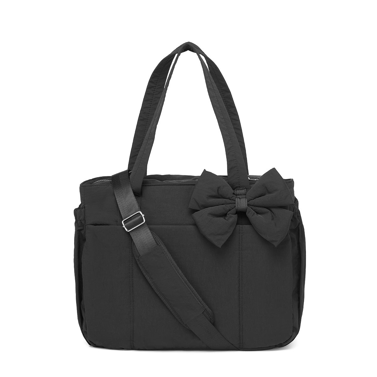 Black Women's Quilted Puffer Tote Bag Large Capacity Lightweight Bow Handbag with Shoulder Strap 42cm for Gym Travel & Baby Care