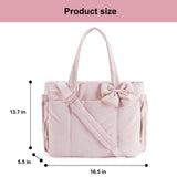 Pink Women's Quilted Puffer Tote Bag Large Capacity Lightweight Bow Handbag with Shoulder Strap 42cm for Gym Travel & Baby Care - Front View