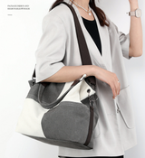 Grey Women's Canvas Patchwork Tote Bag Large Capacity Shoulder Handbag Fits A4 Magazine Adjustable Crossbody Strap 34cm for Work & School - Side View