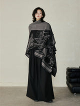 Faux Cashmere Shawl (Qingming Scroll Print) - Black Brown Green, 160*135cm - Front View