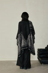 Faux Cashmere Shawl (Qingming Scroll Print) - Black Brown Green, 160*135cm - Top-Down View