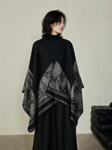 Faux Cashmere Shawl (Qingming Scroll Print) - Black Brown Green, 160*135cm - 45-Degree Angle