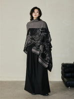 Faux Cashmere Shawl (Qingming Scroll Print) - Orange Blue, 160*135cm