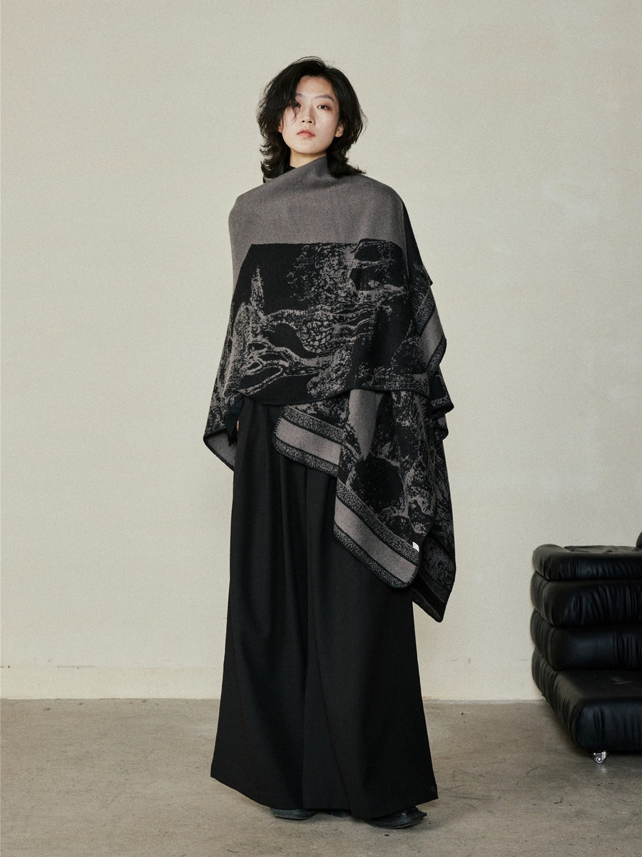 Faux Cashmere Shawl (Qingming Scroll Print) - Orange Blue, 160*135cm