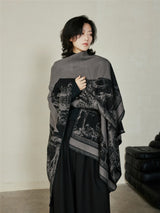 Faux Cashmere Shawl (Qingming Scroll Print) - Orange Blue, 160*135cm - Side View