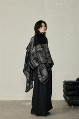 Faux Cashmere Shawl (Qingming Scroll Print) - Orange Blue, 160*135cm - Rear View