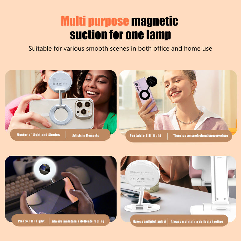 Black 2-in-1 Folding Portable Selfie Light and Magnetic Phone Stand - Vlogging Ring Light with Adjustable Kickstand, Three-Color Soft Light &  USB Rechargeable