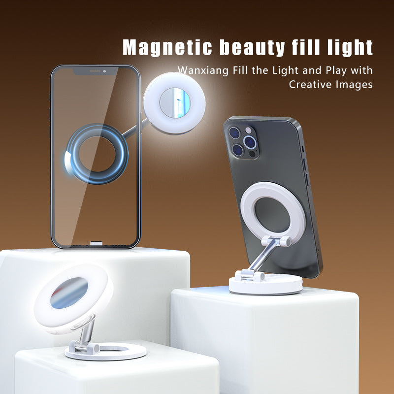 White 2-in-1 Folding Portable Selfie Light and Magnetic Phone Stand - Vlogging Ring Light with Adjustable Kickstand, Three-Color Soft Light &  USB Rechargeable