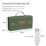 Green canvas spice storage box (9.1 x 4.7 x 2.8 inches) With 10 bottles