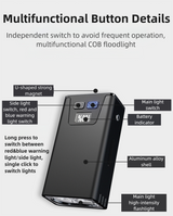 Black Magnetic Flashlight: Spotlight, COB Flood,  Red&Blue Warning