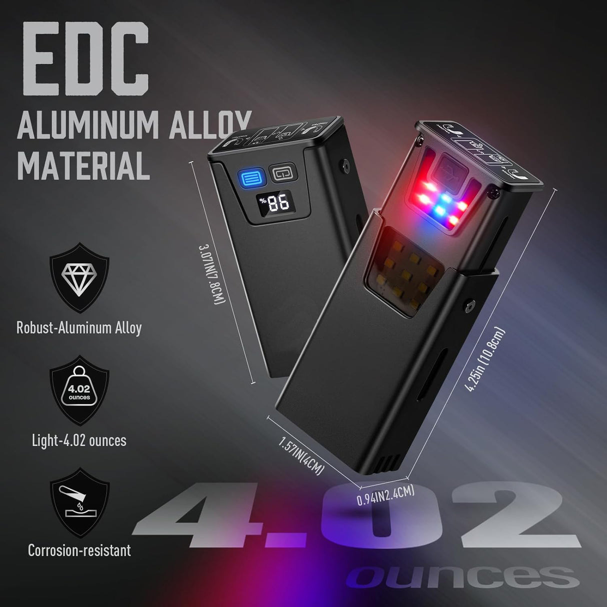 Pink-Blue Magnetic Flashlight: Spotlight, COB Flood,  Red&Blue Warning