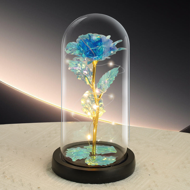 Blue Rose LED Light – Black Clover Plastic Base,Battery Powered Flower Dome for Décor & Gifting