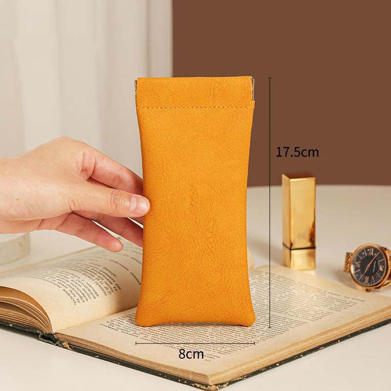 3-Pieces PU Orange Leather Glasses Pouch(18 * 8 CM) – Water Resistant, Soft Lining, Snap Closure, Universal Storage