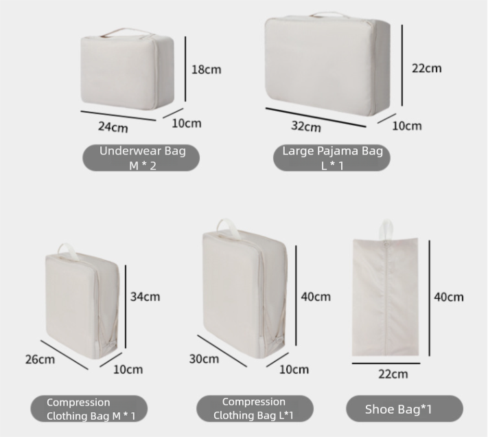 6-Piece Off-White Memory Fabric Travel Compression Packing Cubes Set - Waterproof, Anti-Wrinkle Luggage Organizer & Space Saver