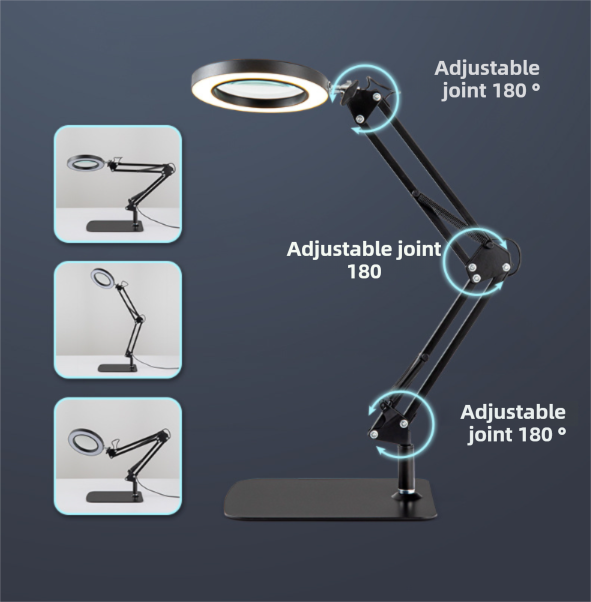 2-in-1 Black LED Magnifier Desk Lamp With Clip - Hands-Free, Dimmable 3-Color Light for Crafts & Workbench