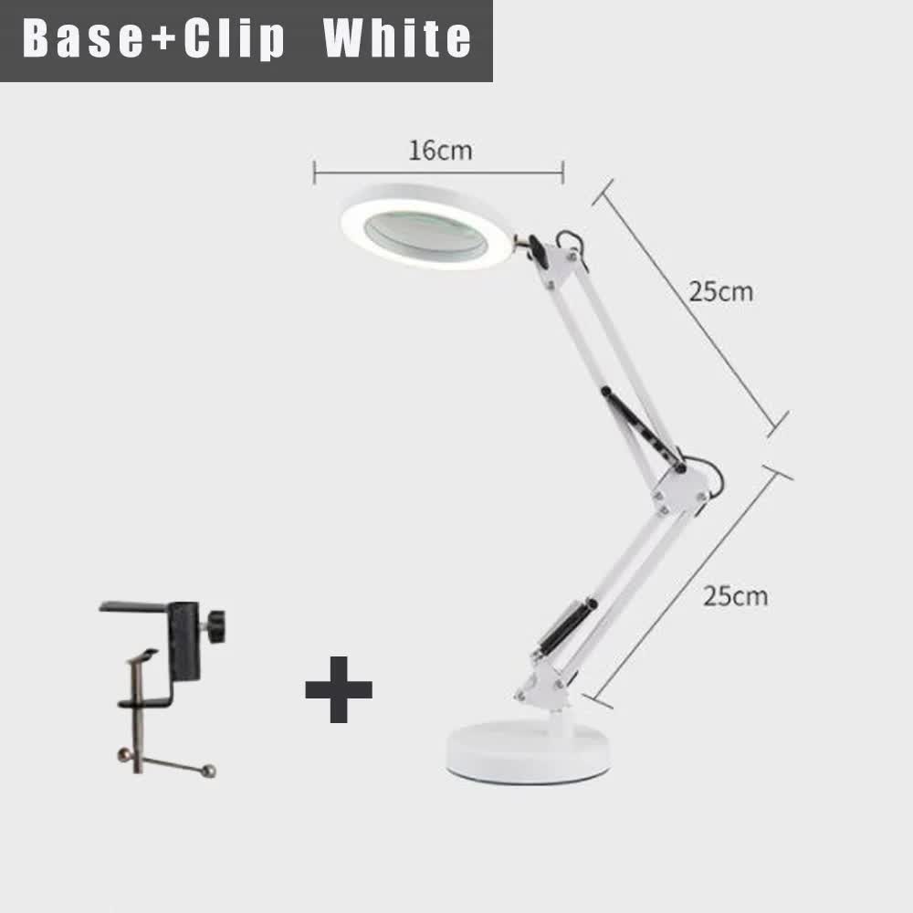 2-in-1 White LED Magnifier Desk Lamp With Base and Clip - Hands-Free, Dimmable 3-Color Light for Crafts & Workbench