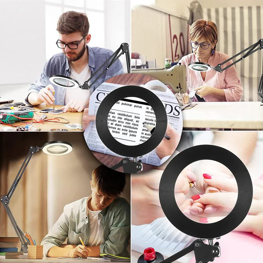 2-in-1 White LED Magnifier Desk Lamp With Clip - Hands-Free, Dimmable 3-Color Light for Crafts & Workbench