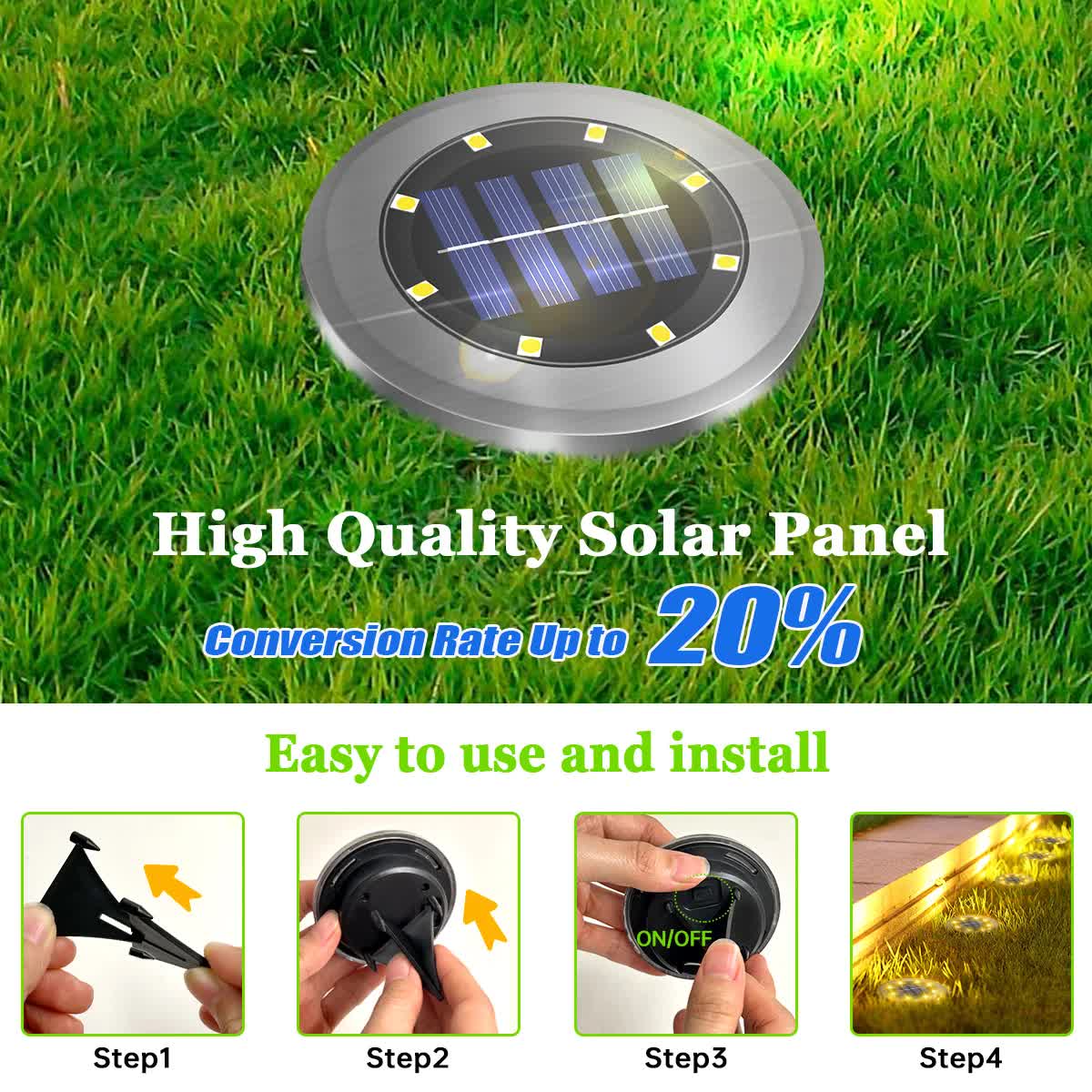 4-Pack Solar LED In-Ground White Light Set (Single 7.1x7.1x6.1cm) - Stainless Steel Waterproof Outdoor Garden Pathway and Landscape Spike Lamp