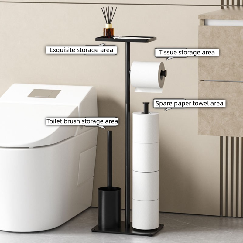 3-in-1 Freestanding Toilet Paper Holder - Thick Carbon Steel with Matte Black Finish, Storage Top, Paper Roll Holder, and Integrated Brush Holder