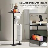 3-in-1 Freestanding Toilet Paper Holder - Thick Carbon Steel with Matte Black Finish, Storage Top, Paper Roll Holder, and Integrated Brush Holder - Top-Down View
