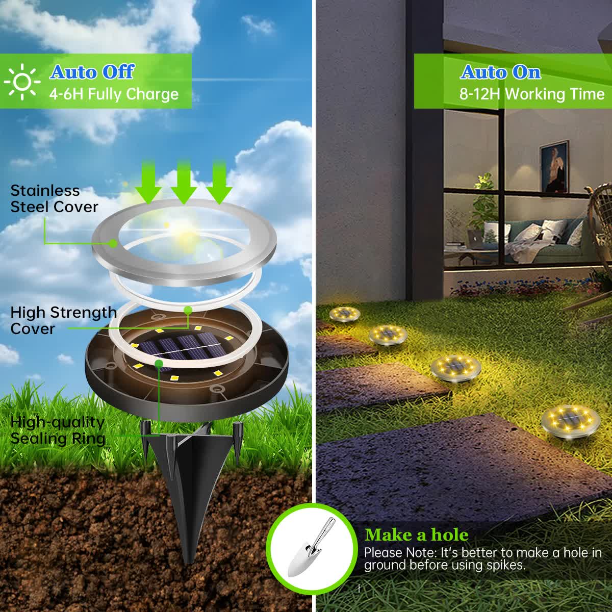 4-Pack Classic Large 8 LED Solar In-Ground White Light Set (12  x 12  x 13 cm) - Stainless Steel Waterproof Garden Spike Lamps for Lawn & Pathway