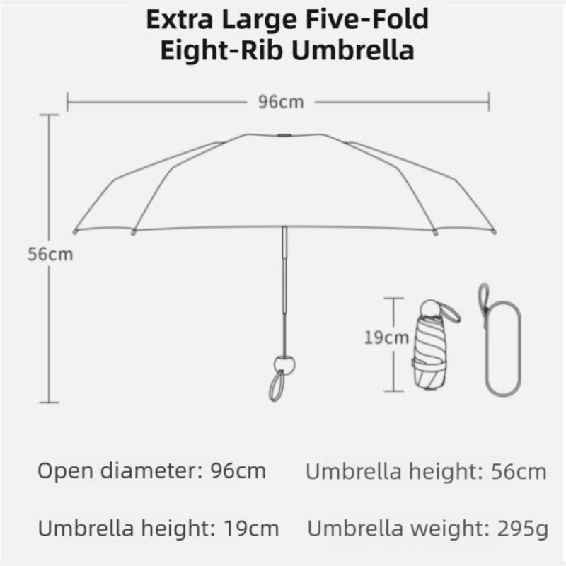 Black Ultra-Compact 5-Fold Waterproof All-Weather Umbrella for Women - Heart Pattern, Black Glue UV Protection, 8-Rib Frame,  Portable Capsule Parasol